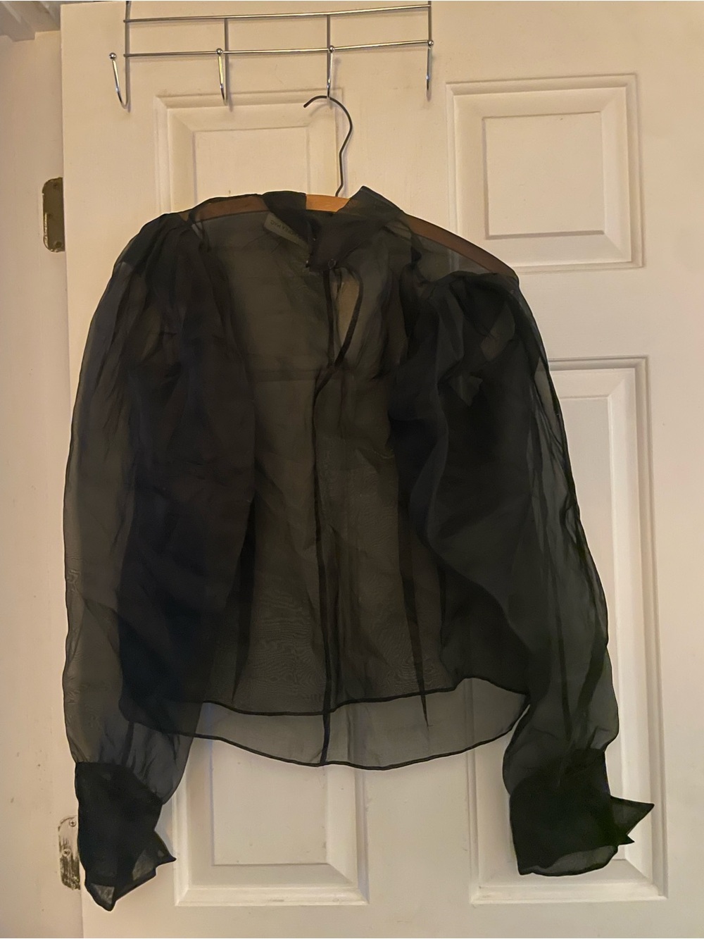 Sheer Black Balloon Sleeve Blouse - Elegant Women's Top - Picture 2 of 5